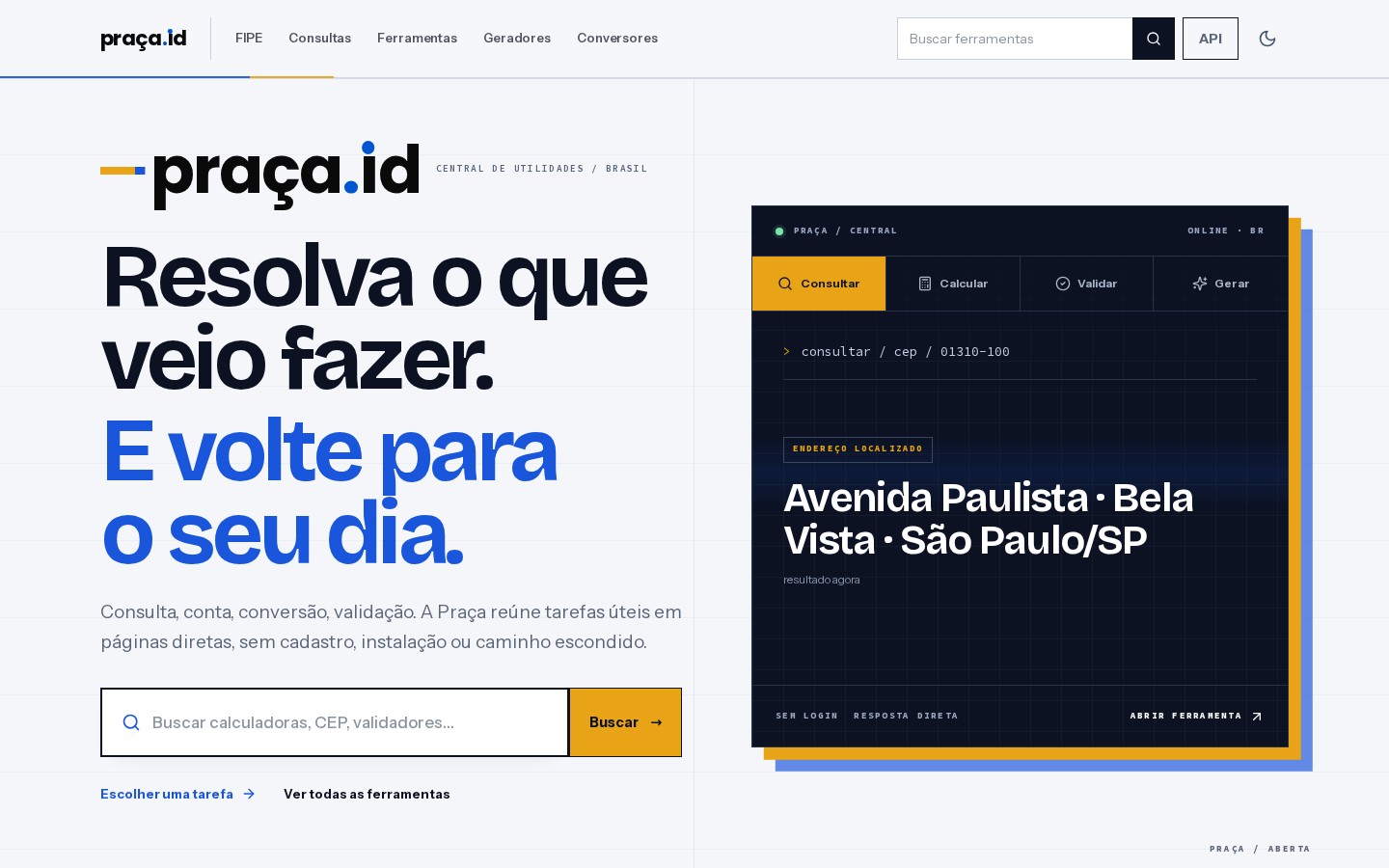 Página inicial do Praça, portal de utilidades e API desenvolvido pela TKCode